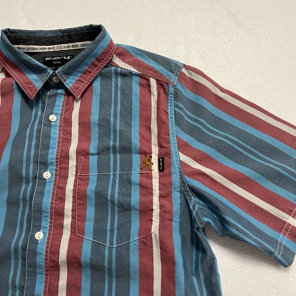 Kavu Men's Red Blue Ivory Stripe Short Sleeve Shirt Pocket Bigfoot Logo Sz Small